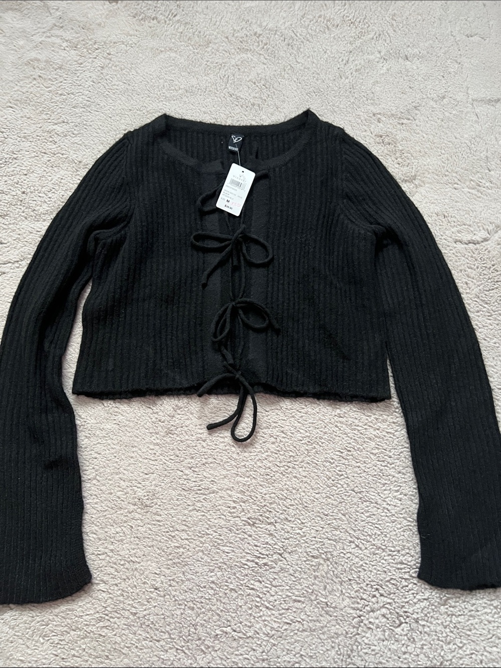 Windsor Black Ribbed Tie-Front Long Sleeve Crop Top